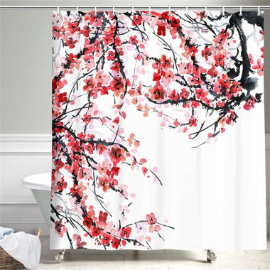 Lanterns with Japanese Sakura Cherry Blossom Trees Shower Curtain set Bathroom 
