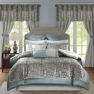 Queen King Bed Bag Pale Teal Gray Geometric Stripe 24 pc Comforter Window Set 