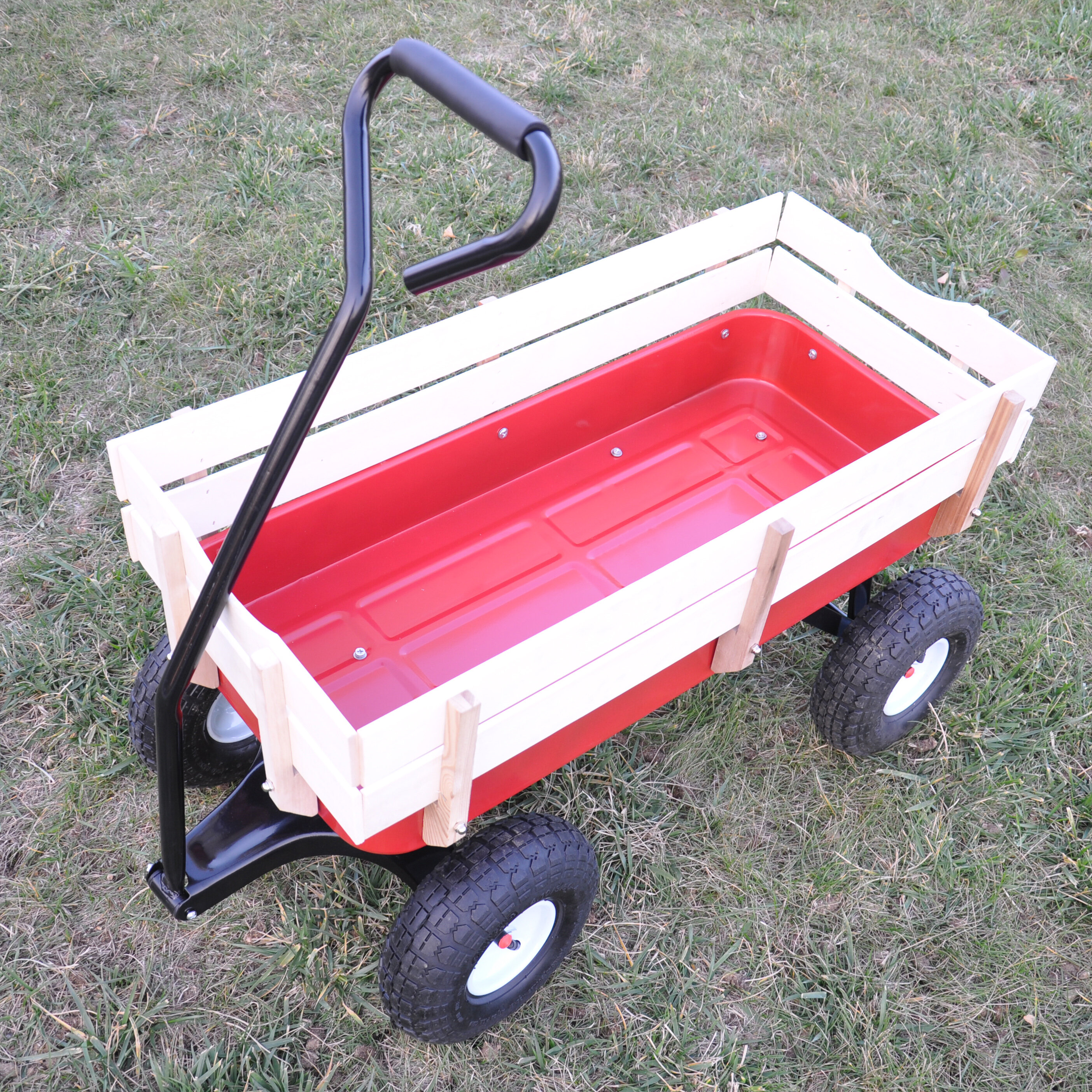 Outdoor Wagon Pulling Children Kid Garden Cart  w/ Wood Railing Red 330lbs 