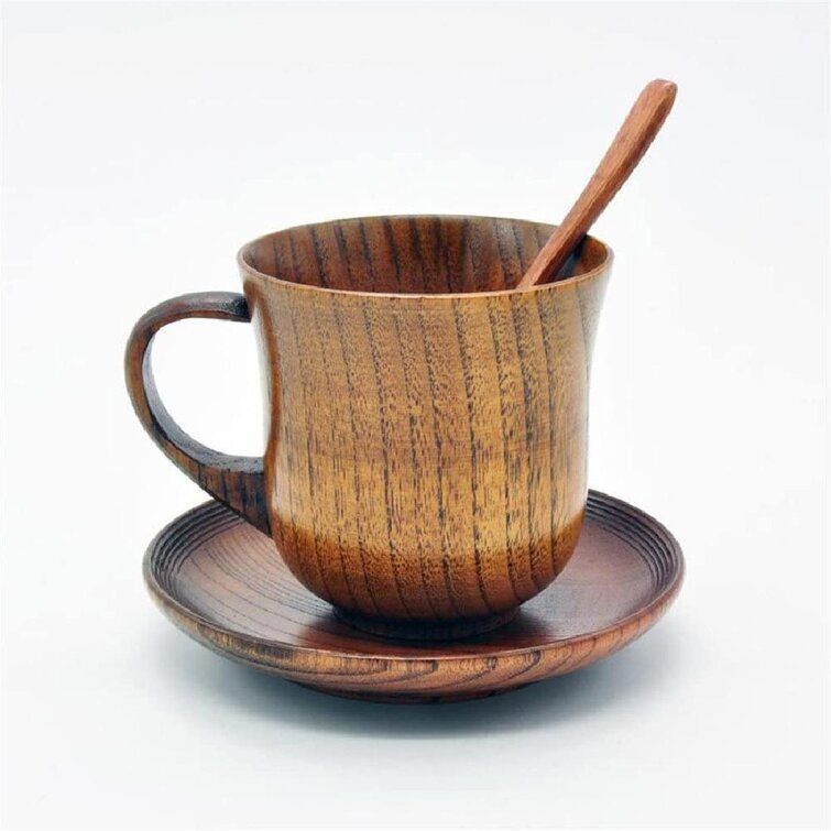 Wooden Mugs Vintage Teacup Handmade Wood Mug Coffee Tea Cups Saucer & Spoon Set 