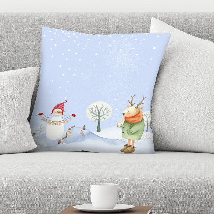 East Urban Home Deer And Snowman In Snowy Winter Forest With Little Birds Throw Pillow Wayfair