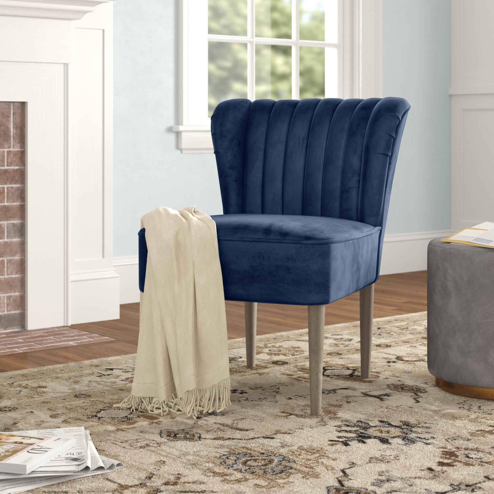 blue bedroom chair with ottoman