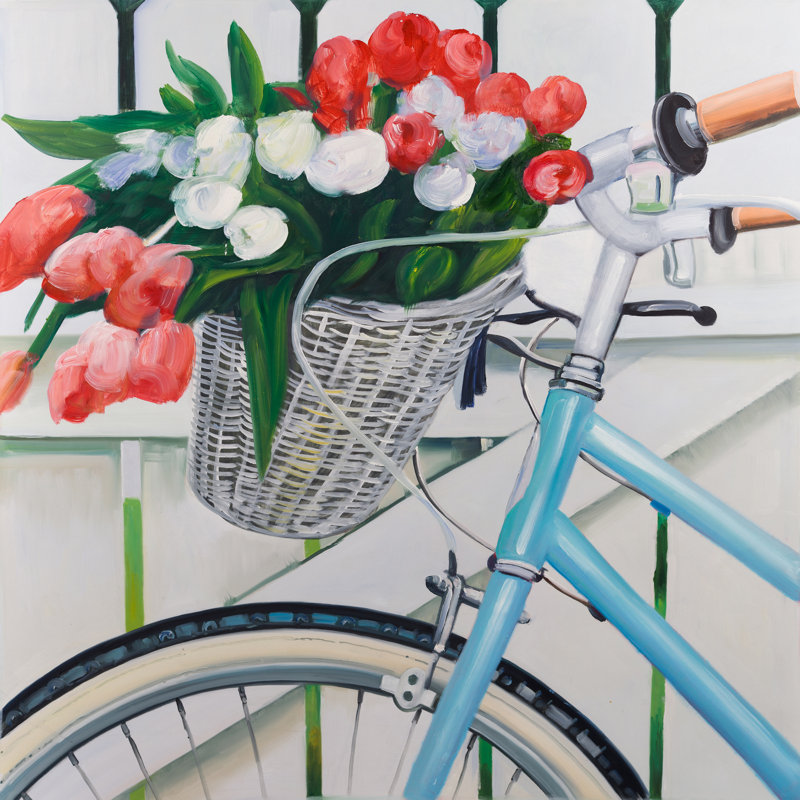 Ebern Designs Bicycle With Tulips Flowers In Basket Oil Painting