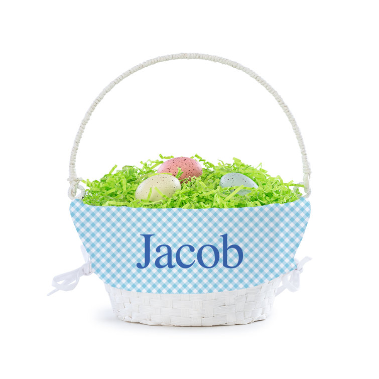 The Holiday Aisle Blue And White Checkered Lined Easter Basket With Custom Name Printed In Blue Letters On White Woven Basket With Collapsible Handle Wayfair