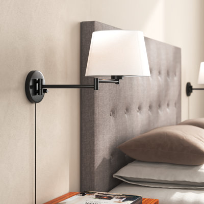 Amaranthe Plug-In & Hardwired White Linen Shade Dimmable Swing Arm Sconce
