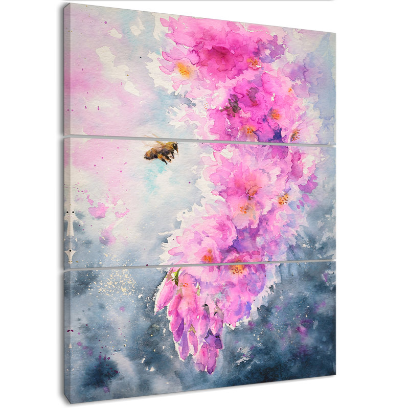 East Urban Home Bee Flying At Sakura Flowers Oil Painting Print