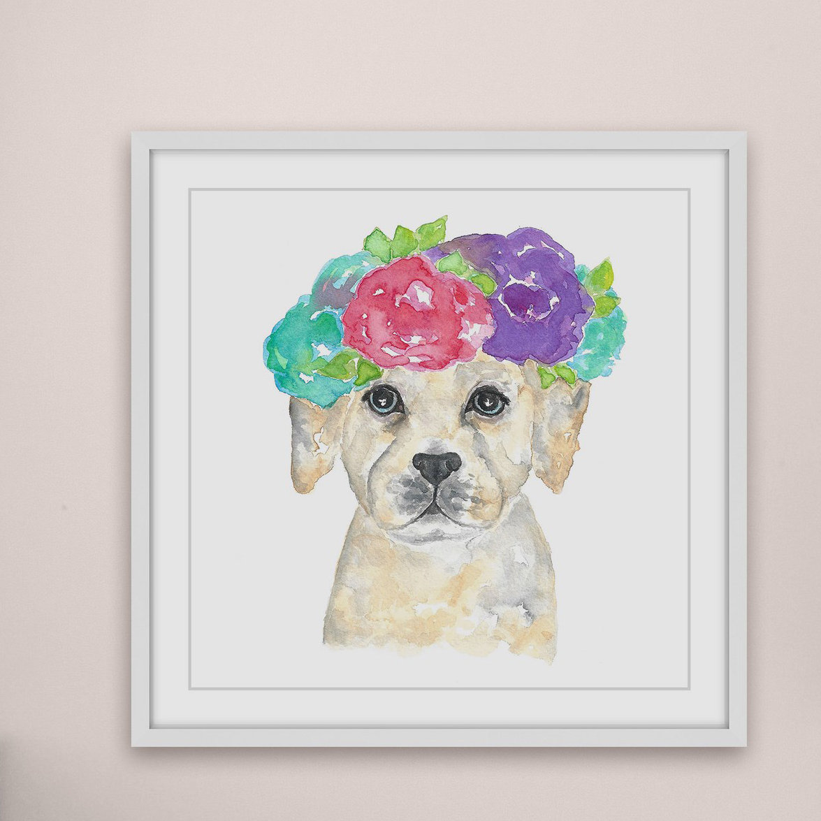 A Boy signed watercolor painting giclee print his Dog and a full Moon