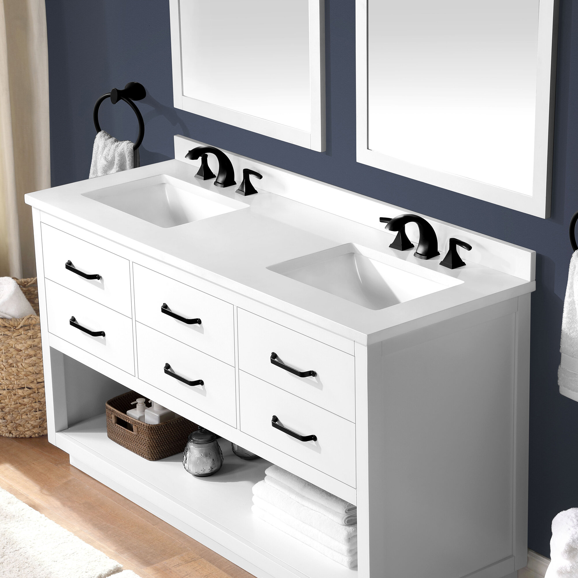 Ove Decors Carran 60 In Double Sink Bathroom Open Shelf Vanity With White Cultured Marble Countertop Wax Pine Finish And Black Hardware Reviews Wayfair Ca