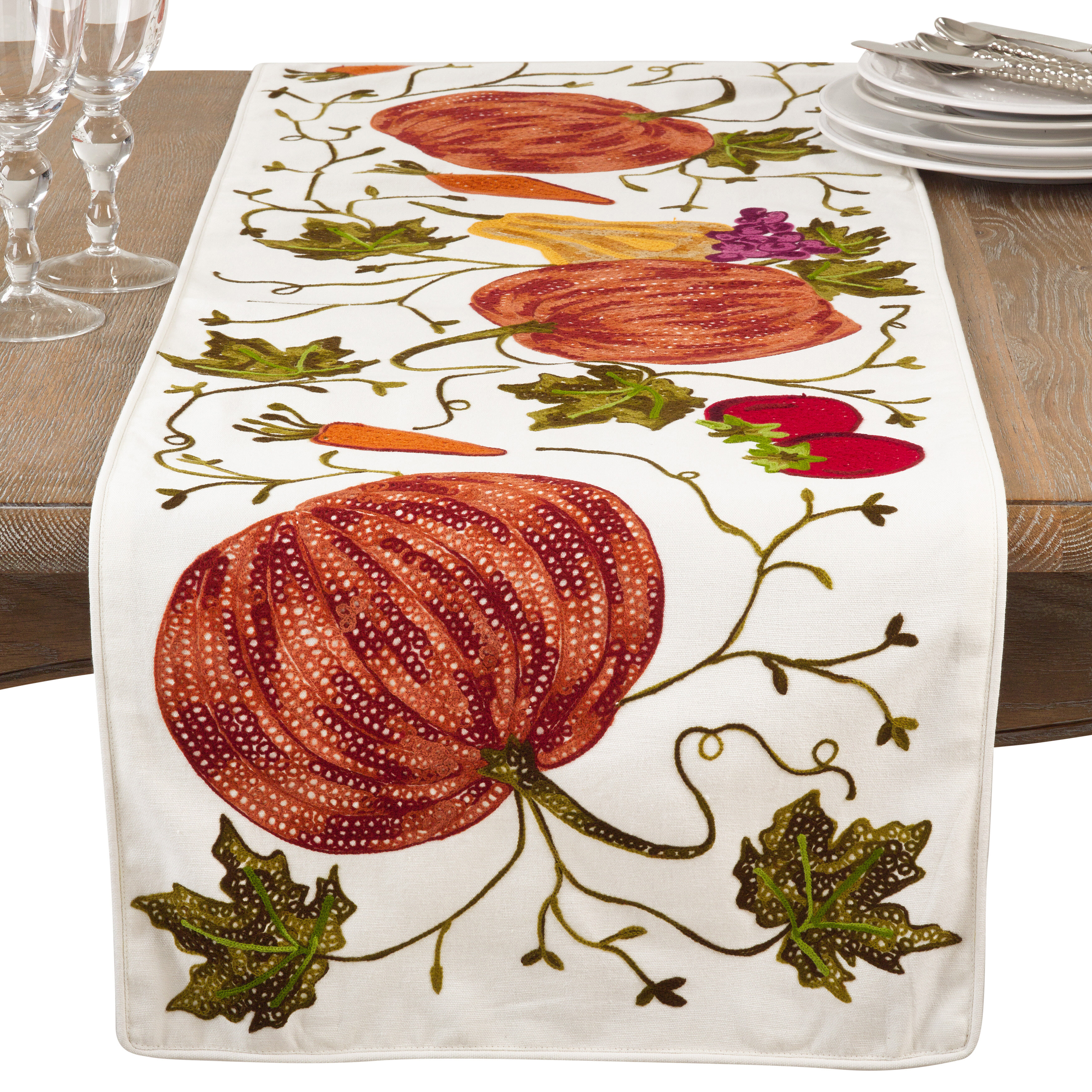 Kapitz Embroidered 100% Cotton Pumpkin Harvest Thanksgiving Table Runner