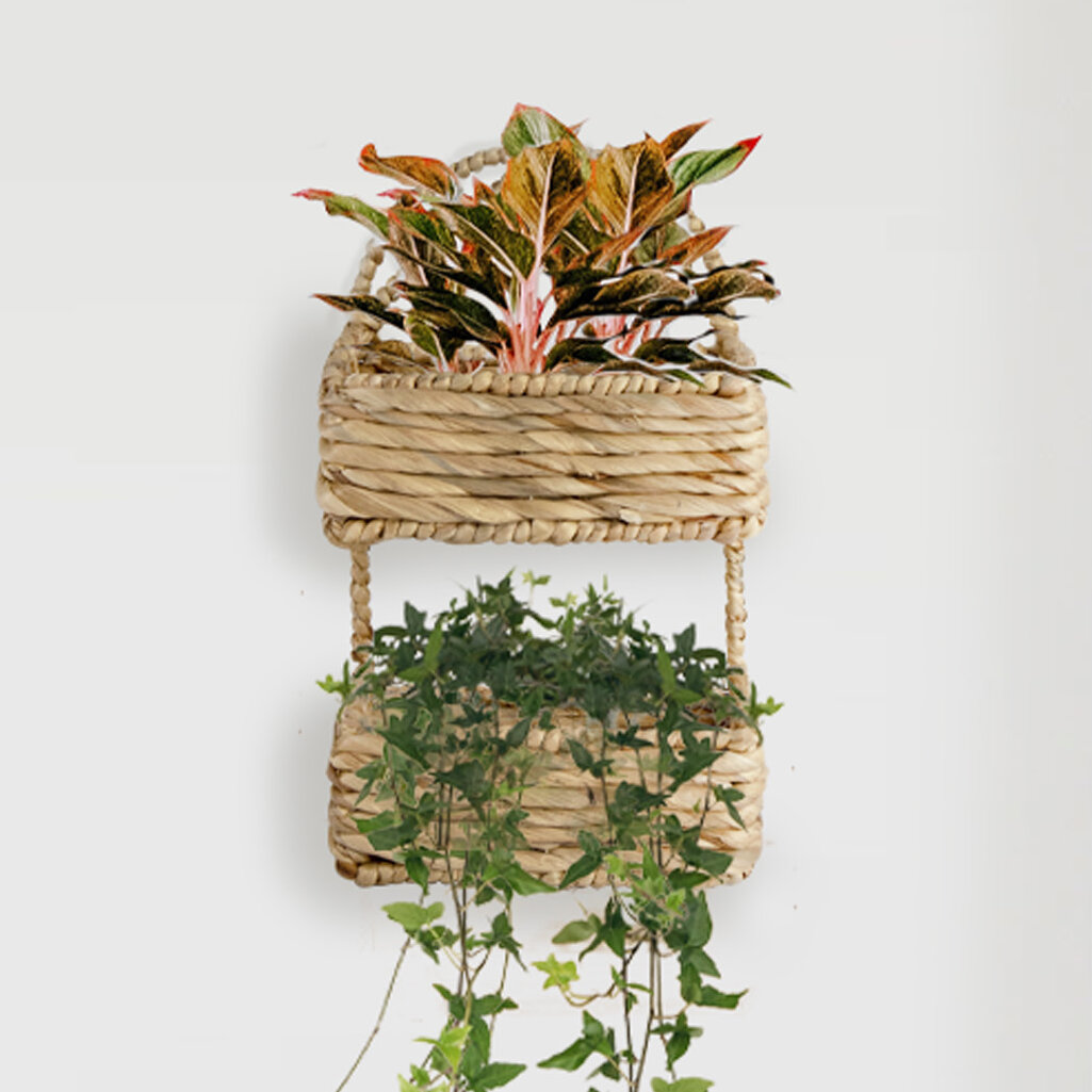 Water Hyacinth & Paper Woven Hanging Baskets Set 2 Wall Hanging Small Storage Baskets