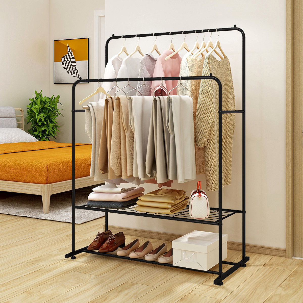 Heavy Duty Double Bar Rolling Clothes Rack Hanging Garment Durable Dry Hanger 