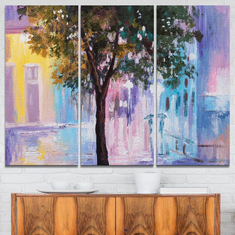 Designart Couple Walking In Rain 3 Piece Painting Print On