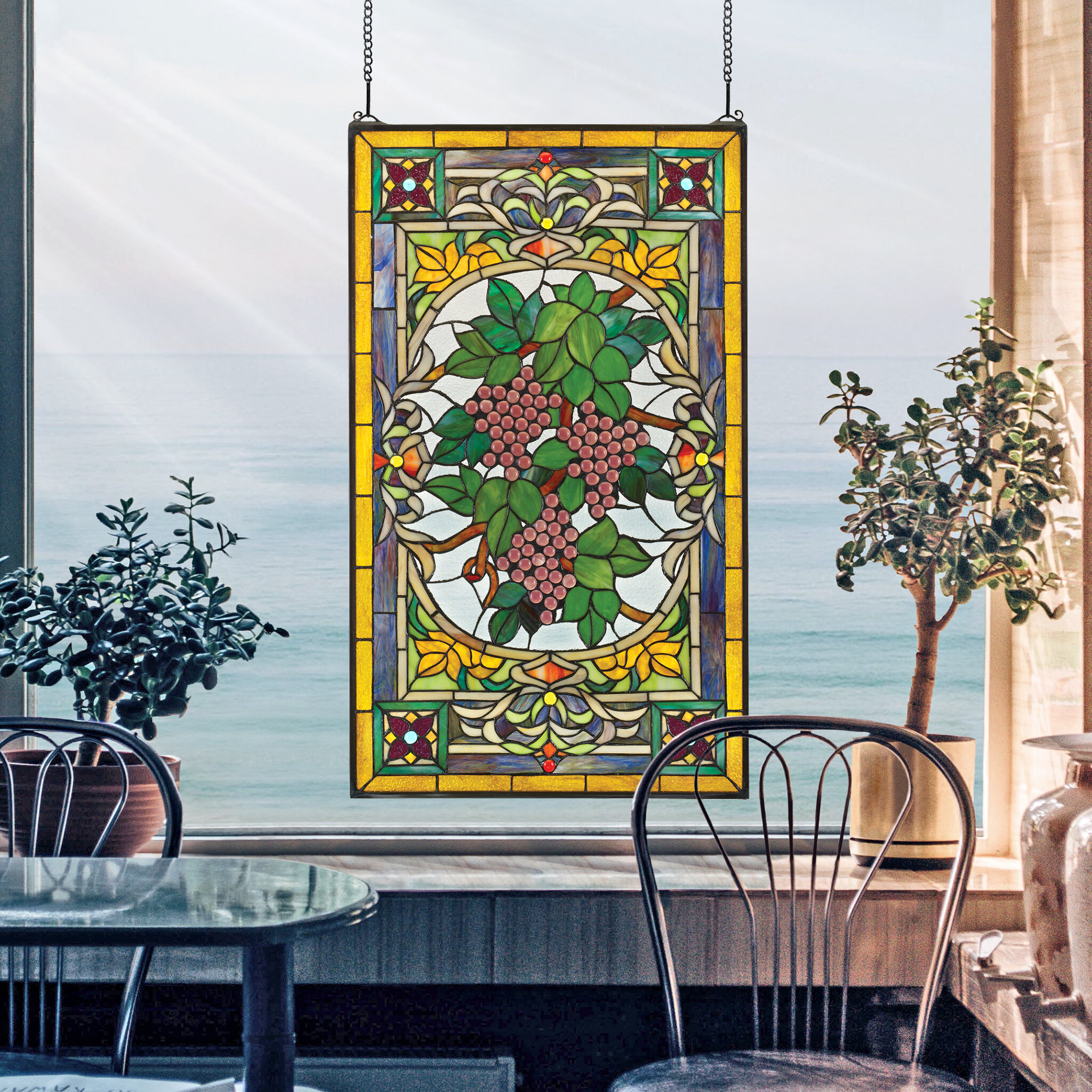 Victorian Stained Glass Hanging Window Panel Home Decor Suncatcher 28"H 
