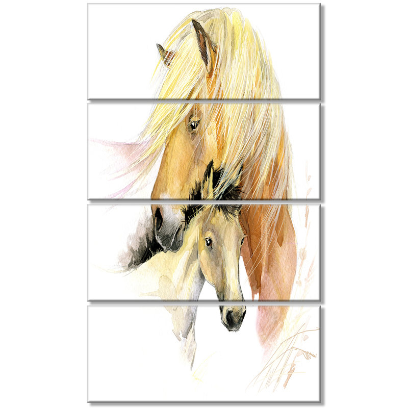 Designart Horse Mom Baby Watercolor 4 Piece Painting Print On