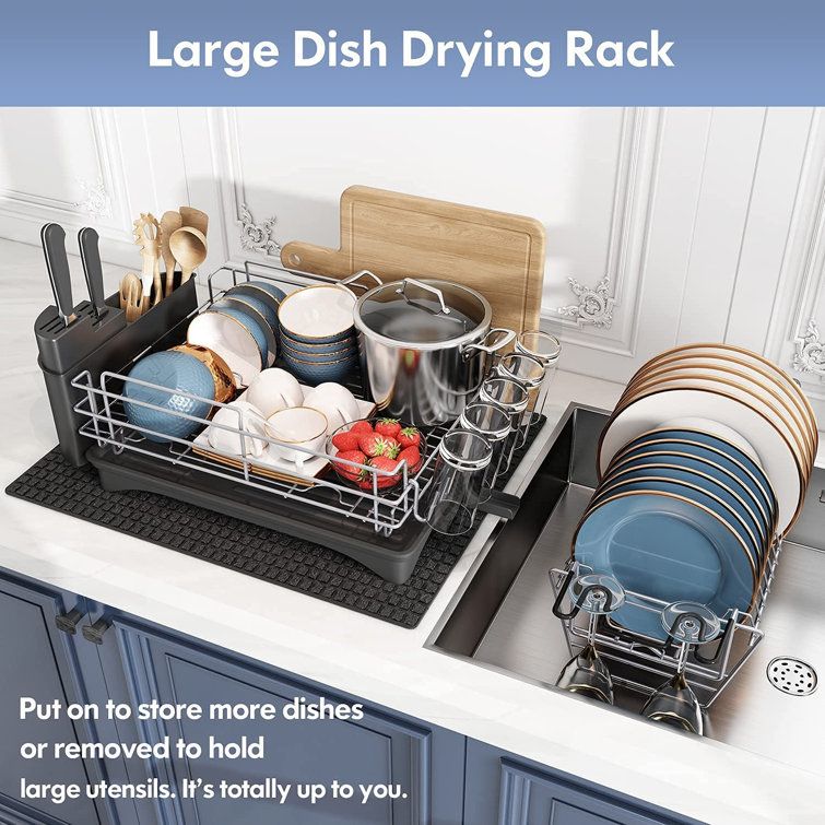 Dish Drying Rack With Drainboard - 2 Tier - 304 Stainless Steel - Large - Multifunctional Dish Drainer With Swivel Spout & Dish Drying Mat For Kitchen ...