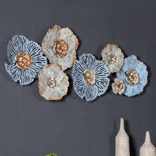 Light Blue and Gold Painted 2.5 Feet Long Metal Wall Art for Living Room Cathedral Window Wall Decor Iron Flower Decoration for Dining room,Restaurant,Navy Blue