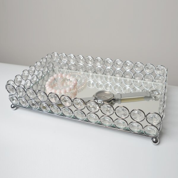 Silver Metal Dressing Table Rectangular Serving Tray with Mirrored Glass Base 
