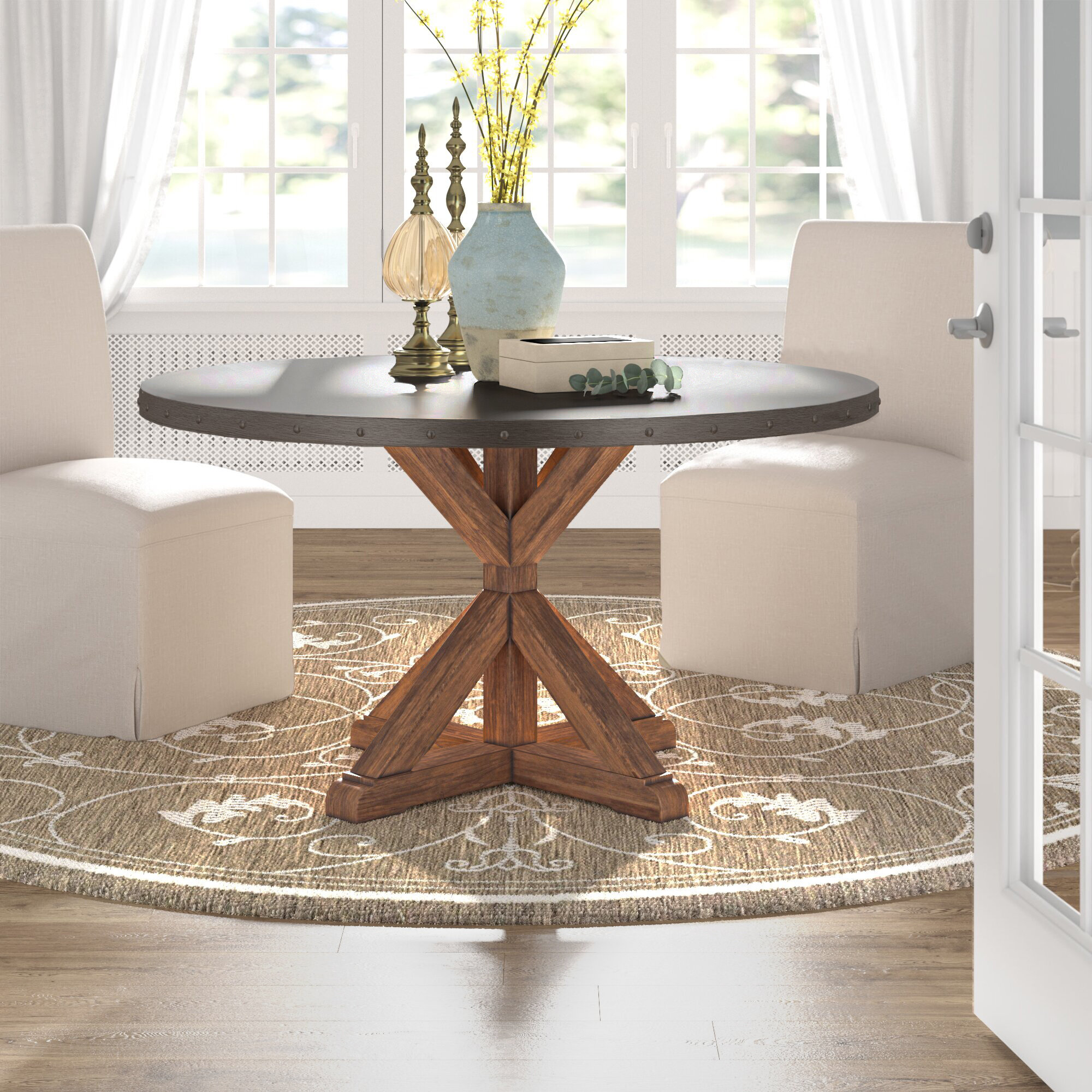 round dining table with stainless steel base