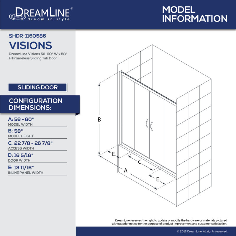 Dreamline Visions 60 X 58 Double Sliding Frameless Tub Door