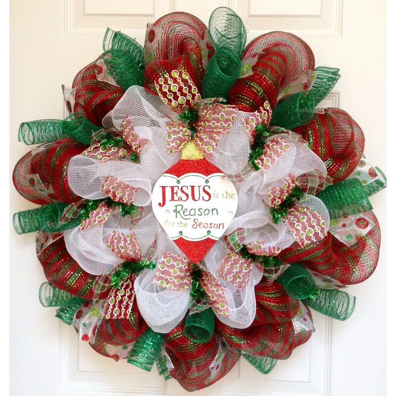 Jesus Is The Reason For The Season 24 inch Christmas Front Door Mesh Wreath Handmade in the USA