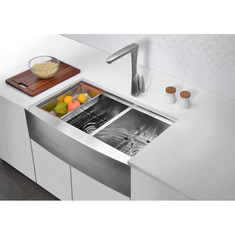 Aegis 33 L X 21 W Double Basin Farmhouse Kitchen Sink With Cutting Board And Colander