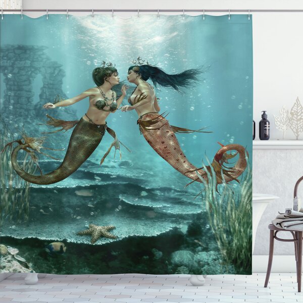 Waterproof Shower Curtain Curtains Fabric with Hooks Yellow Paintings Mermaid 
