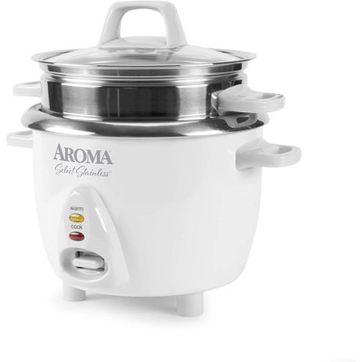 aroma select stainless rice cooker, 3-cup (uncooked) / 6-cup (cooked), steamer, stainless steel inner pot, 1.2 qt