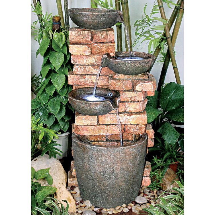 Cascading Bowl Brick LED Fountain With LED lights Dual Power Resin New in Box 