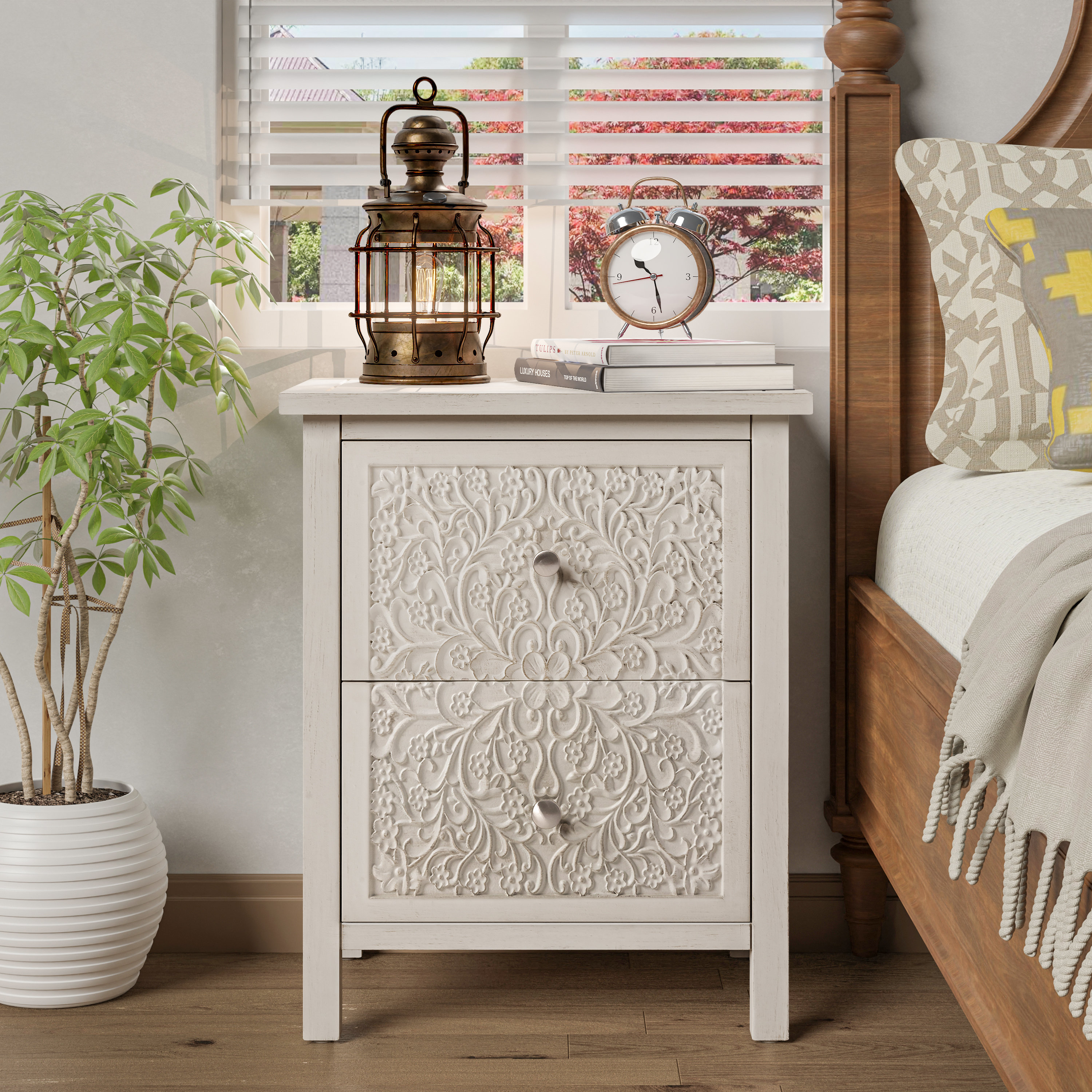 Bungalow Rose Levera Farmhouse Fully Assembled 2 Drawer Nightstand   Levera Farmhouse Fully Assembled 2 Drawer Nightstand Distressed White Washed End Table 