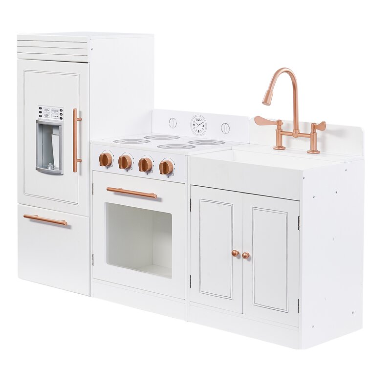 white and rose gold play kitchen