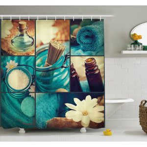 Spa Themed Daisies Scents Towels and Incense Artwork Collage Shower Curtain Set