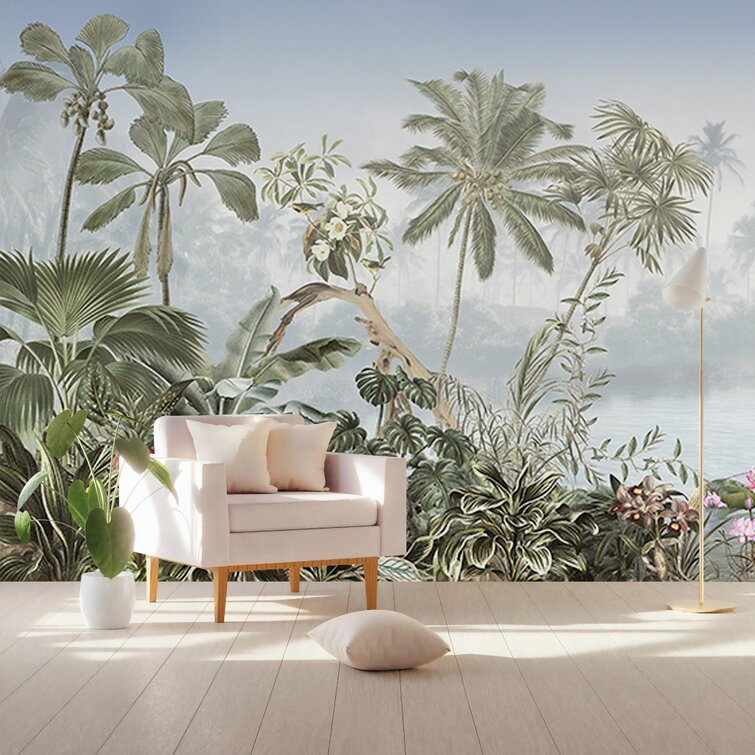 Tropical Wall mural Scenic Tropical Beach Wallpaper Watercolor Palm Trees Wallpaper The Bay Wallpaper Watercolor Wallpaper