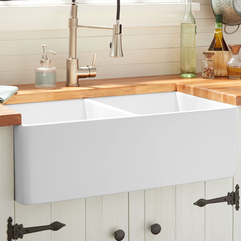 Signature Hardware 393672 33" Reinhard Double-Bowl Fireclay Farmhouse Sink - White | Perigold