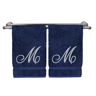 Monogrammed 2 Piece 100% Cotton Hand Towel Set Bare Cotton Color: Navy/Silver, Letter: M