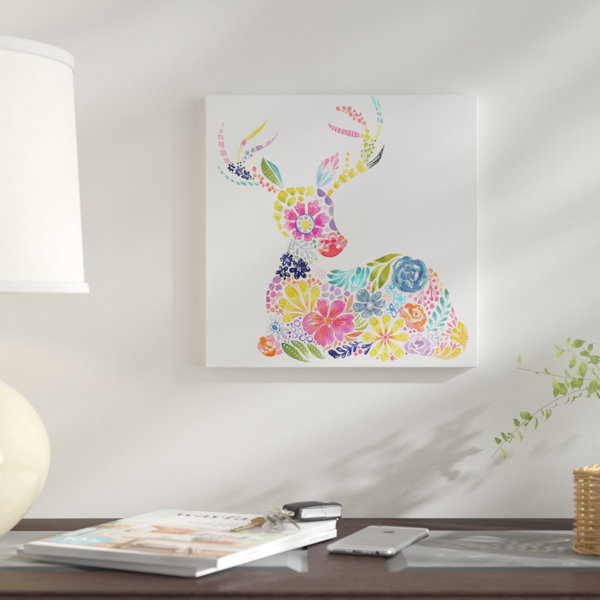 East Urban Home Floral Silhouette Deer Painting On Wrapped