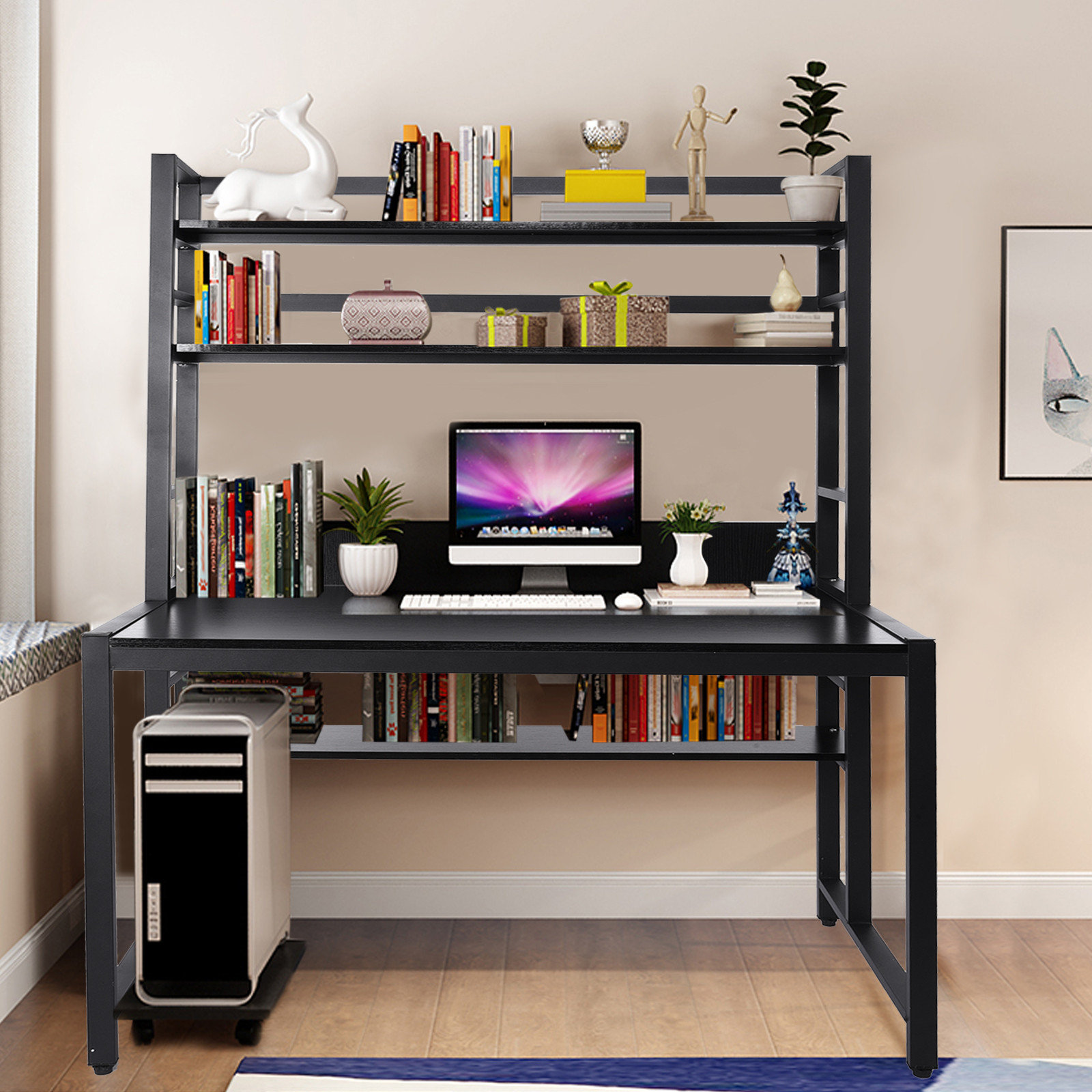 student desk with bookshelf