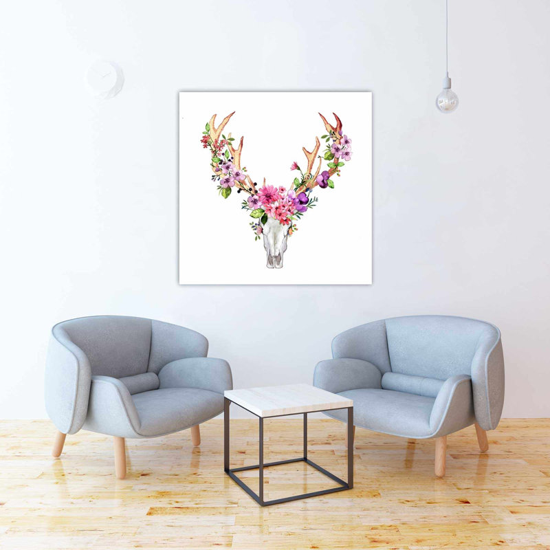 Bungalow Rose Deer Skull With Flowers Oil Painting Print On