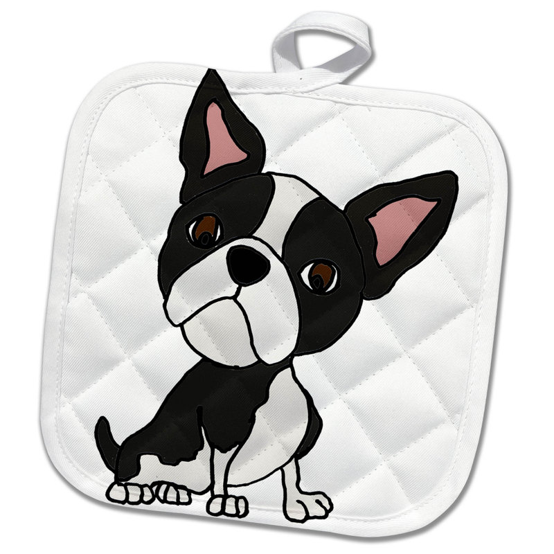 Rose Funny Cute Boston Terrier Puppy Dog Art Cartoon Potholder Rose Funny Cute Boston Terrier Puppy