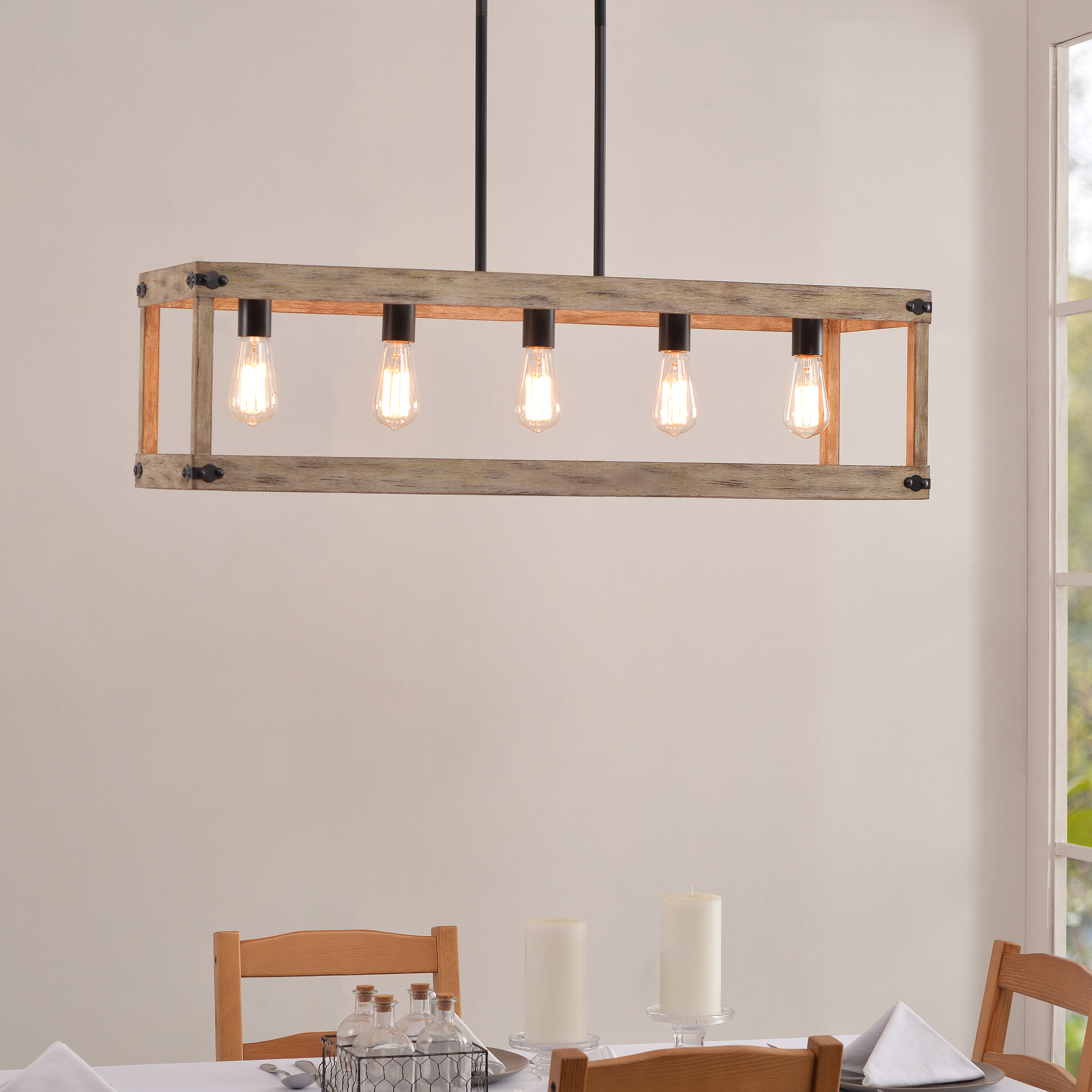 Gracie Oaks Pulver 5 Light Rectangle Chandelier With Wood Accents Reviews Wayfair