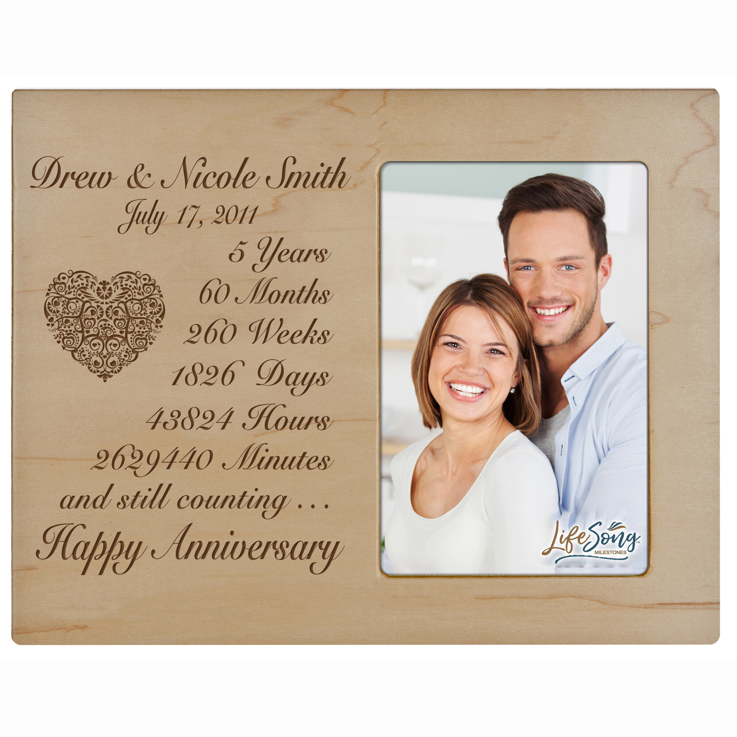 Happy Anniversary Five Year Wedding Keepsake Gift for Parents Husband Wife him her Holds 4x6 Photo 6.5x8.5 LifeSong Milestones 5th Anniversary Picture Frame 5 Years of Marriage 