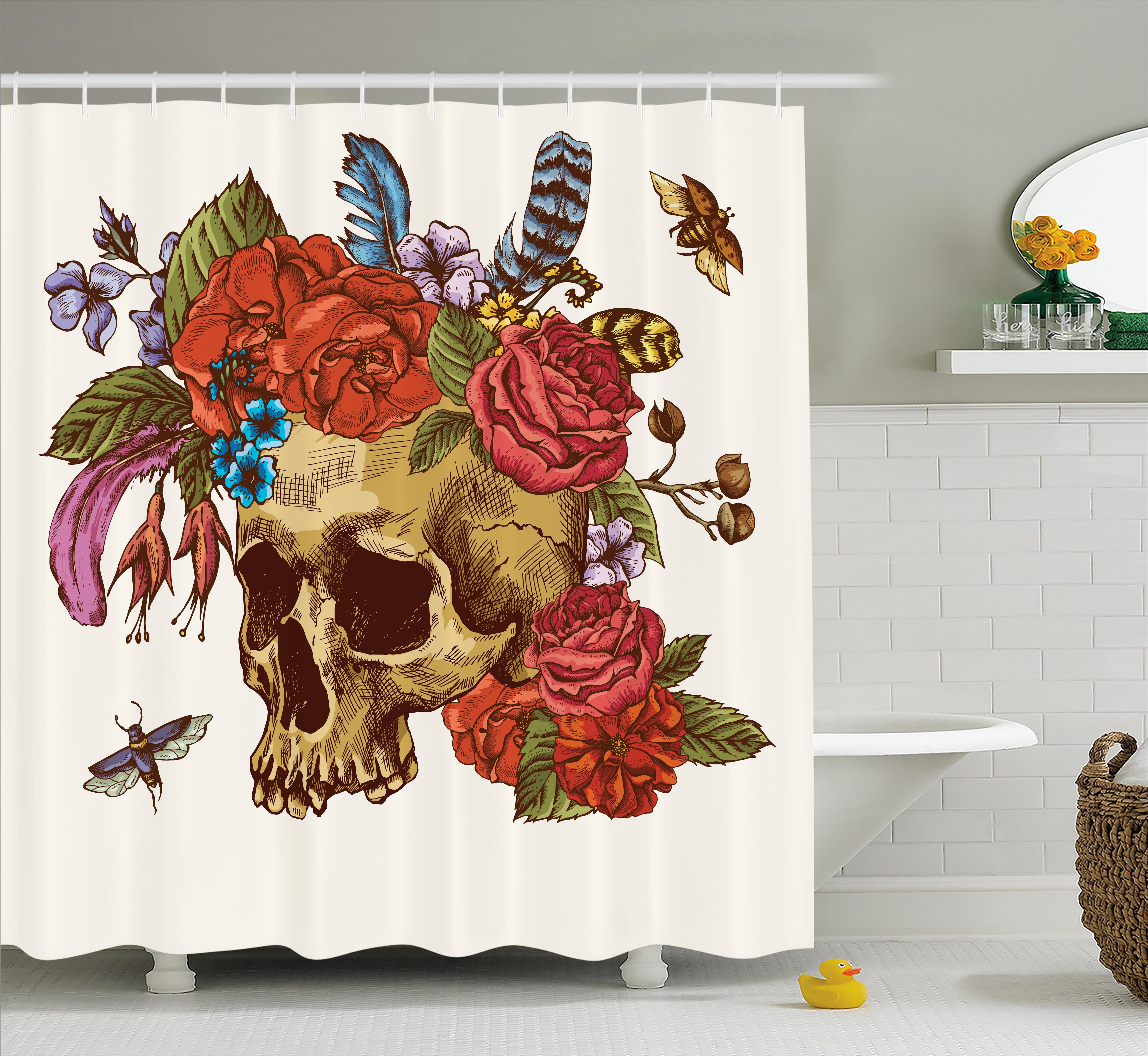 Polyester Fabric Shower Curtain Set Halloween Skull & Flowers Day of The Dead