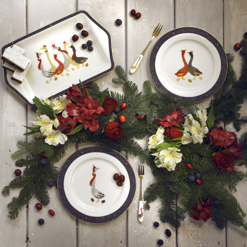 Portmeirion Sara Miller Christmas Geese 4 Piece Dessert Plate Set