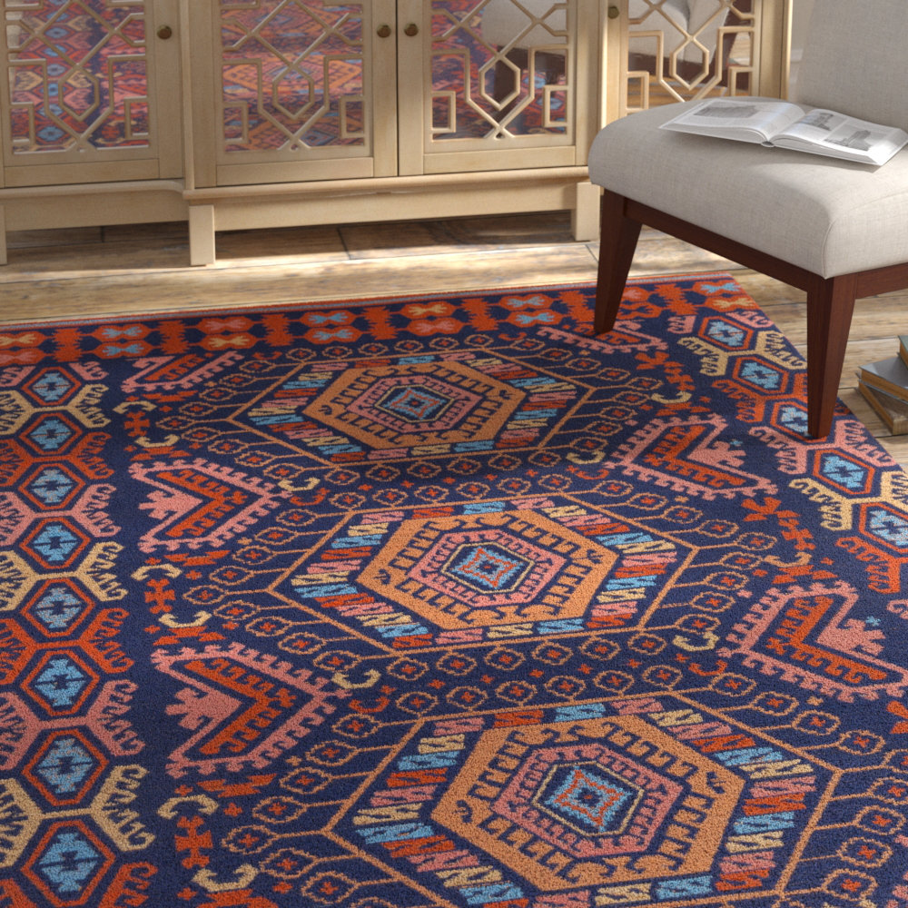 Bungalow Rose Dibesh Southwestern Hand-Woven Flatweave Navy/Burnt ...