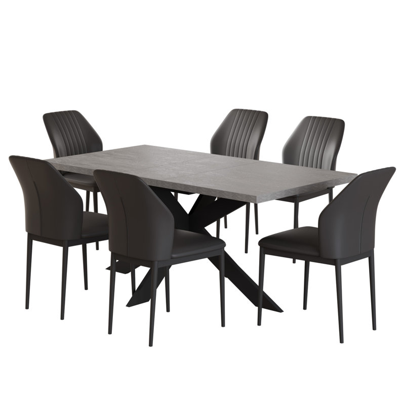 Geigle Extendable Table Set for Kitchen Dining Room Table, Home Furniture(1Table, 6Chairs) Chair Color: White, Table Top Color: Deep Gray, Size: 29.9”H x 62.9”L x 33.4”W