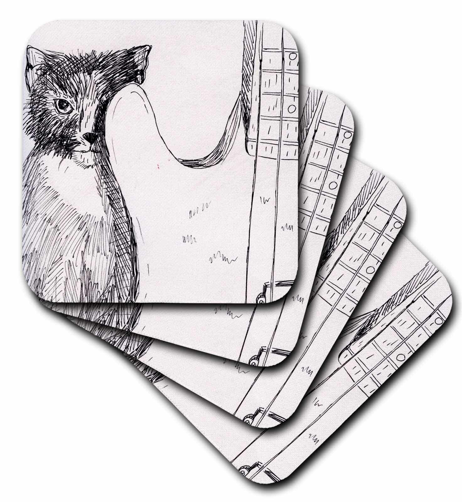 Ebern Designs Cat Hiding Behind Bass Guitar Sketch Ceramic Tile