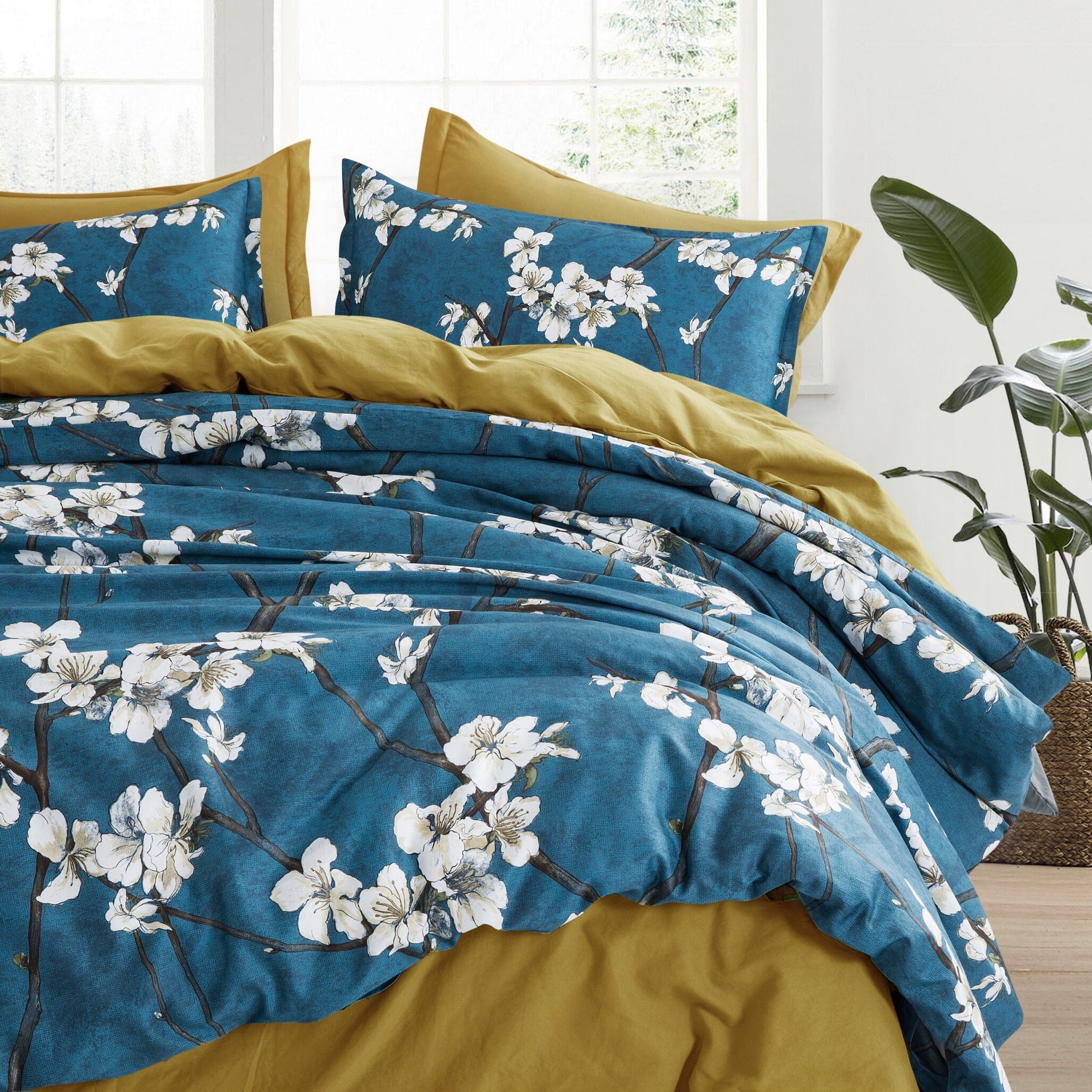 teal and ochre bedding