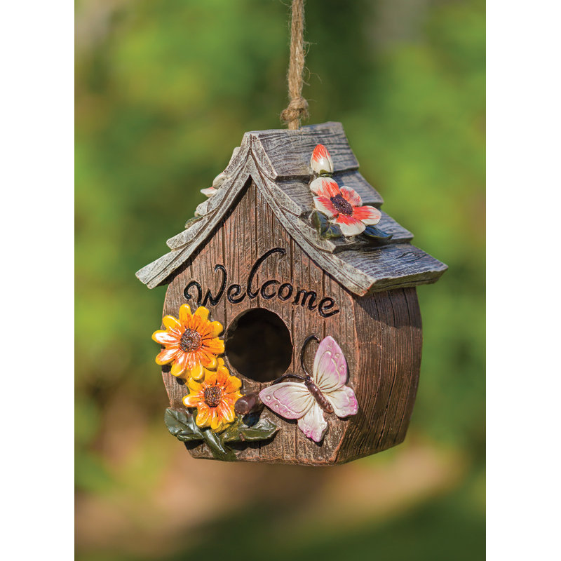 August Grove Sevag Butterfly And Flowers Welcome 6 In X 7 In X 4 5 In Birdhouse Wayfair