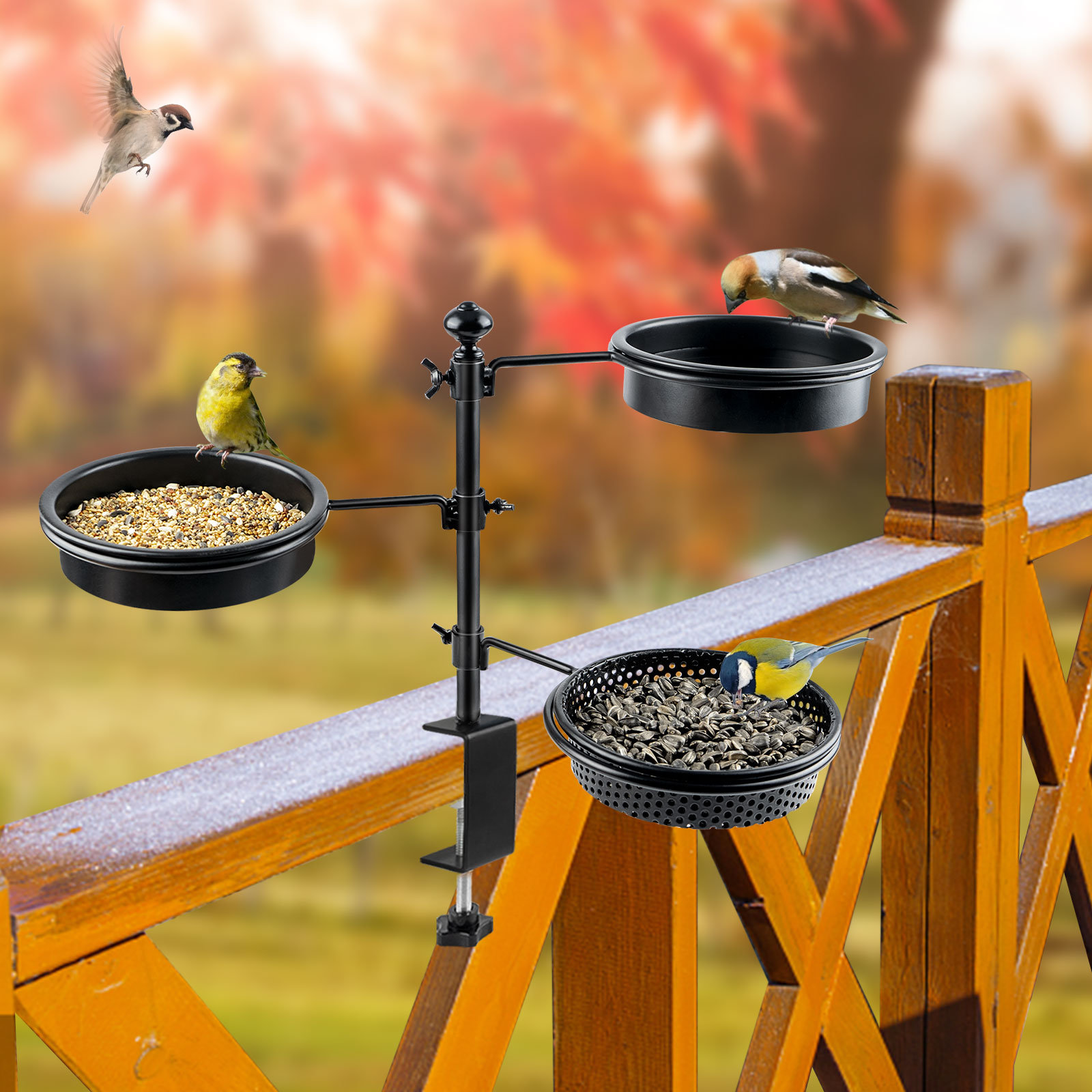 Arlmont & Co. Deck Bird Feeder With Three Trays, Balcony Railing Bird