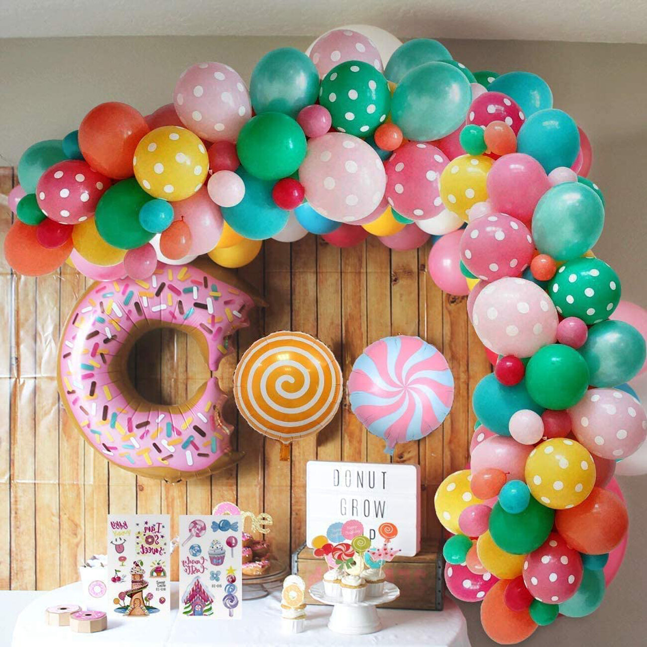 2 Pieces Lollipop Banner Rainbow Candy Banner with 18 Pieces Sweet Candy Cupcake Toppers Round Lollipop Cake Toppers for Birthday Party Baby Shower Candyland Party Decorations