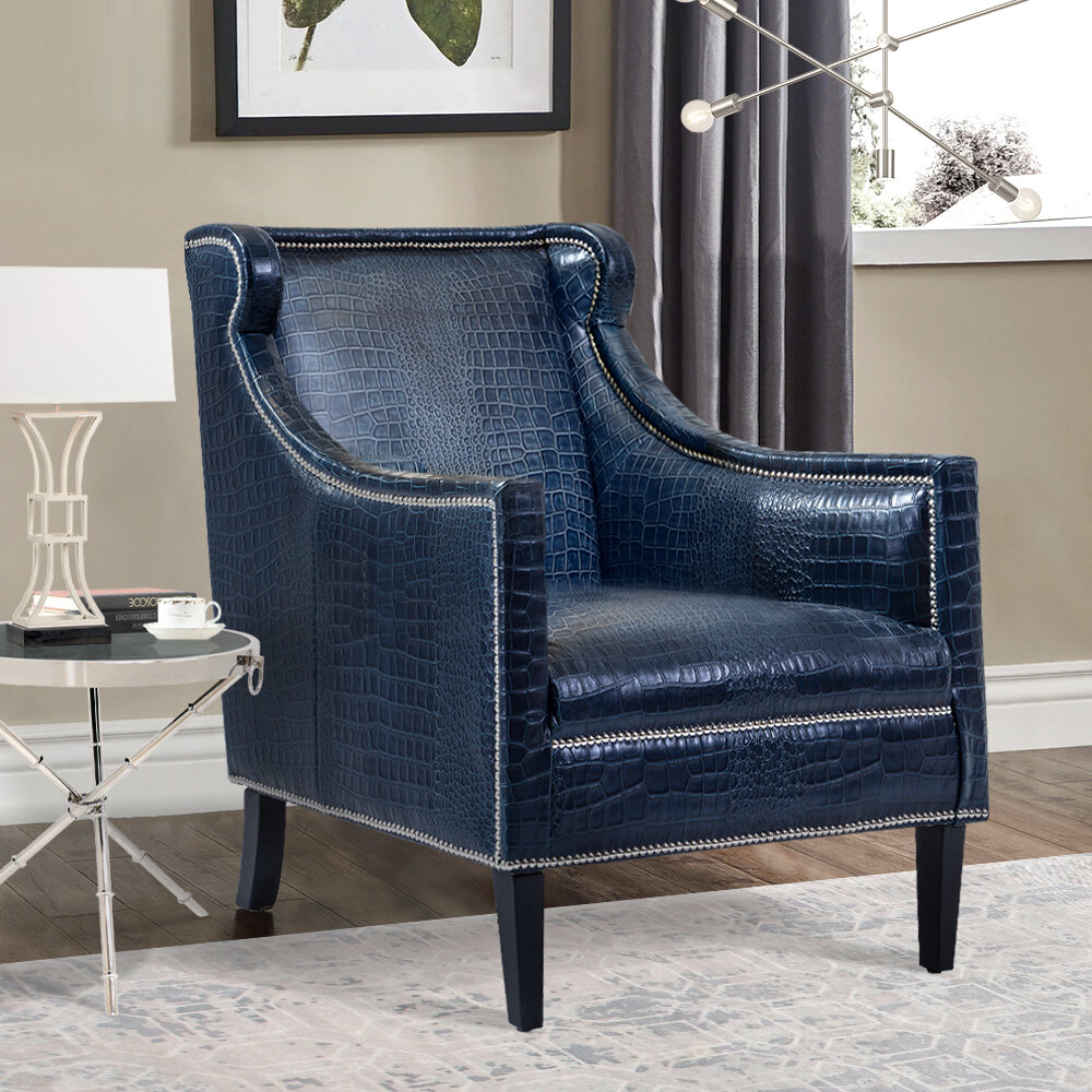 blue leather wing back chair